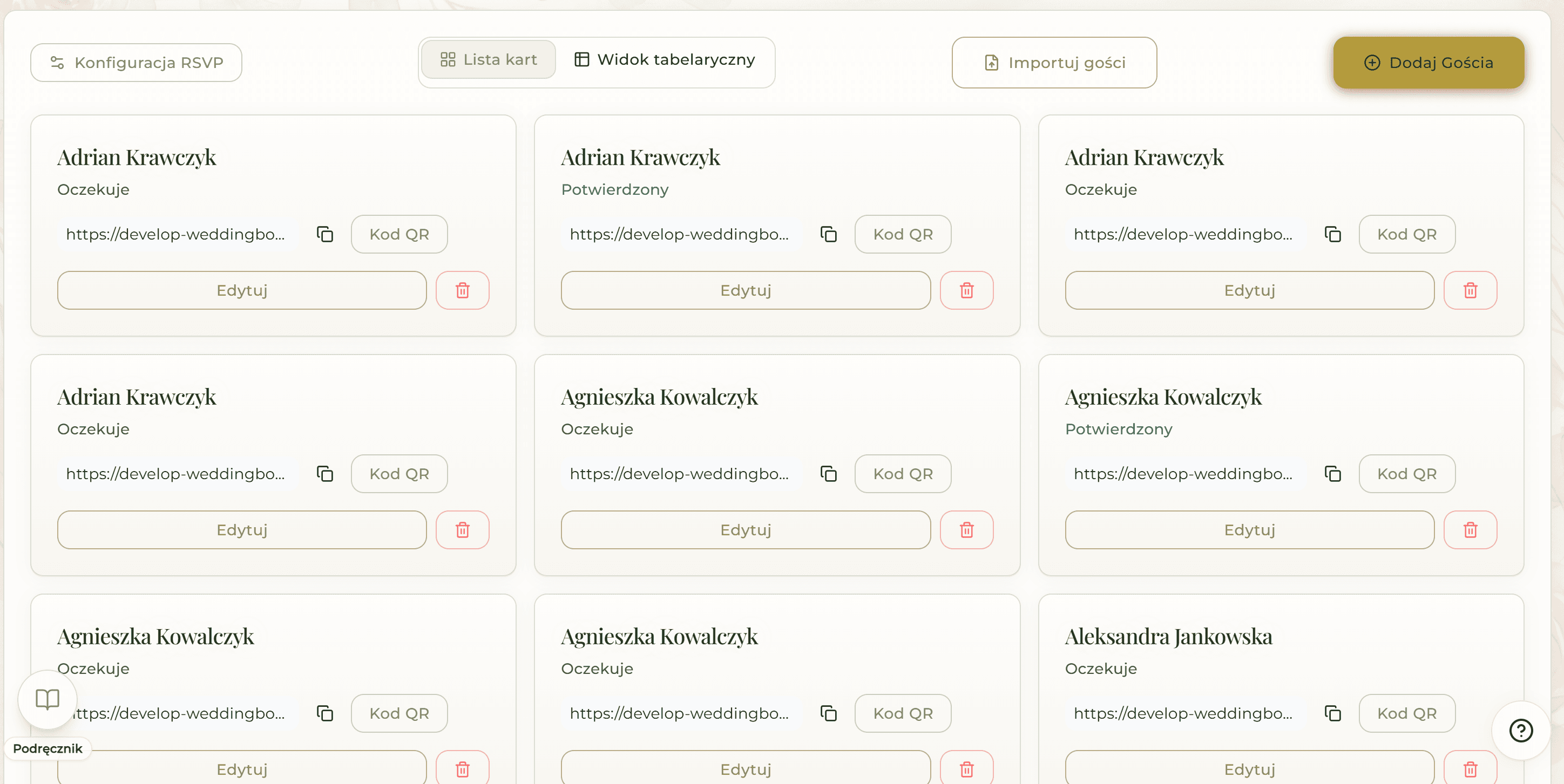 Lista gości i konfiguracja RSVP w Wedding Board