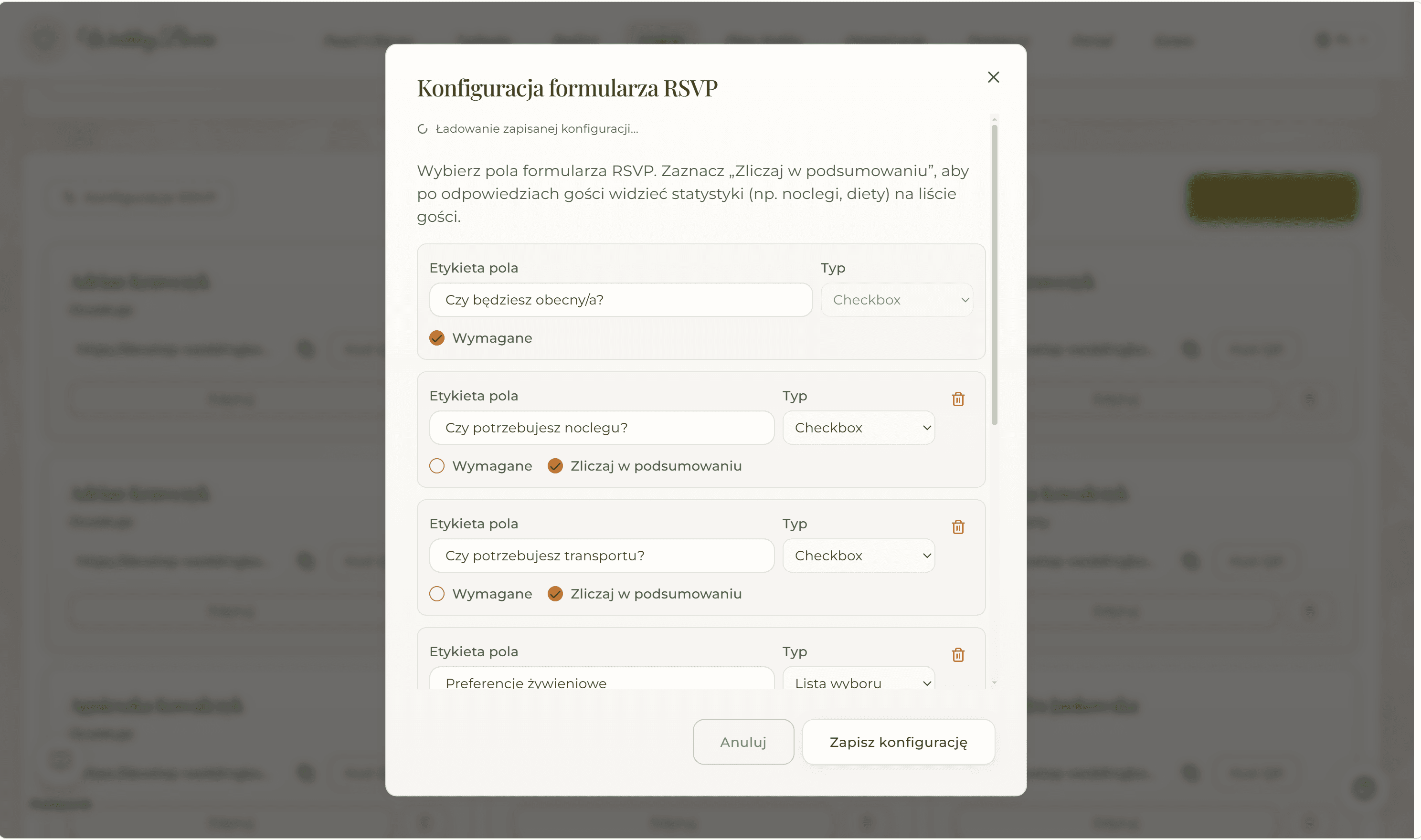 Konfiguracja formularza RSVP w Wedding Board — wybór pól i wymagań