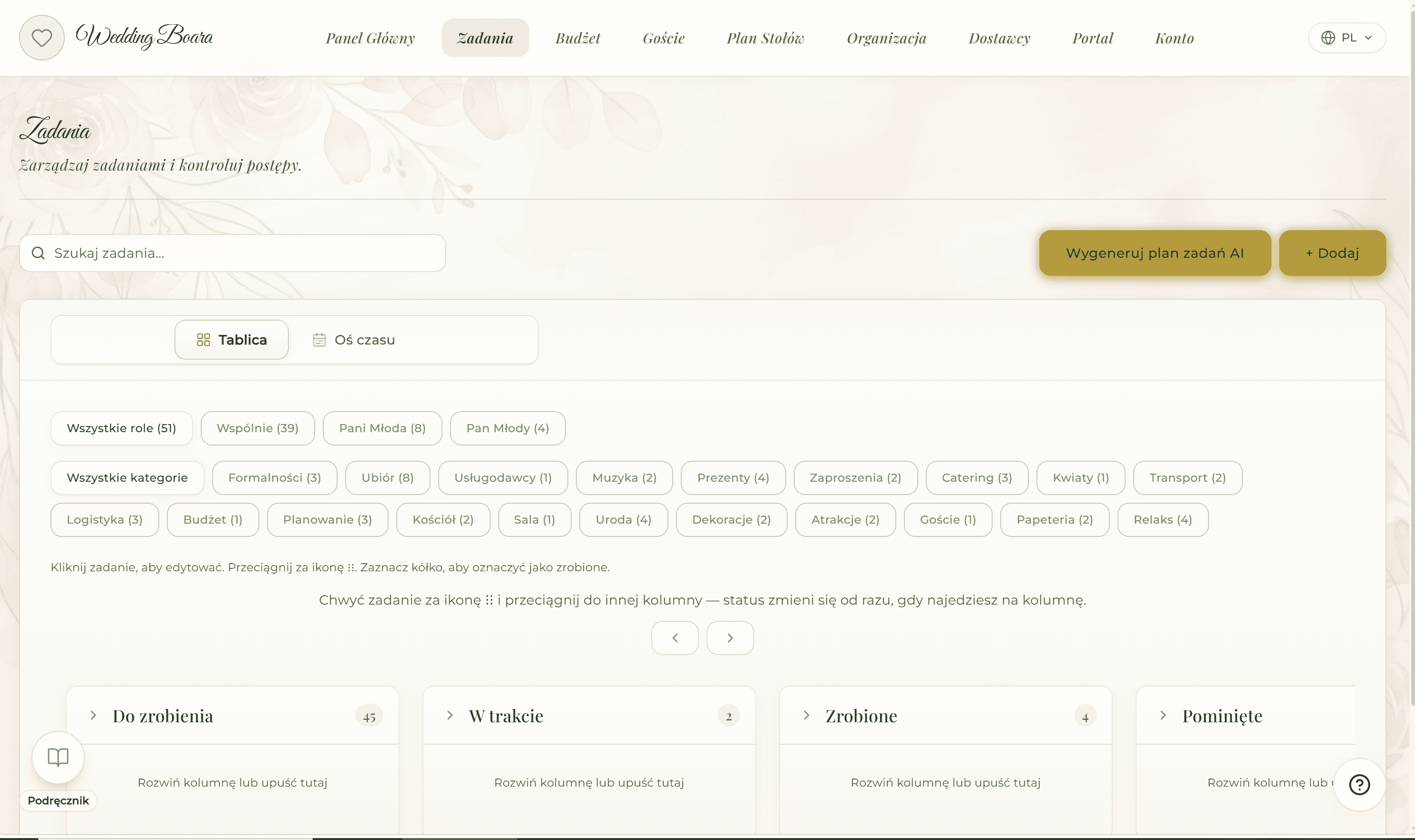 Tablica zadań w Wedding Board z generowaniem planu przez AI