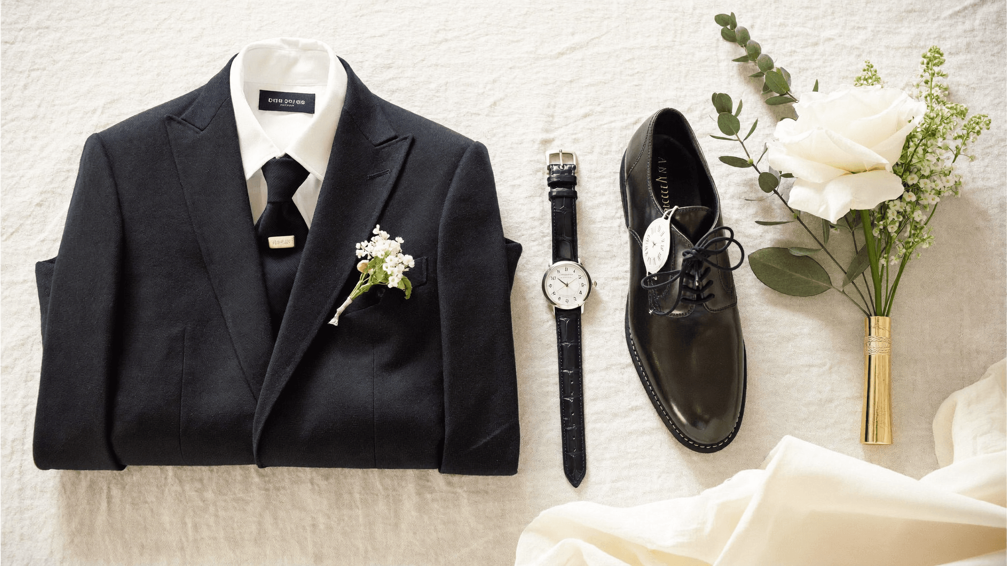 Editorial flat lay: granatowy garnitur, biała koszula, czarny krawat, oksfordy i dress watch na kremowym tle