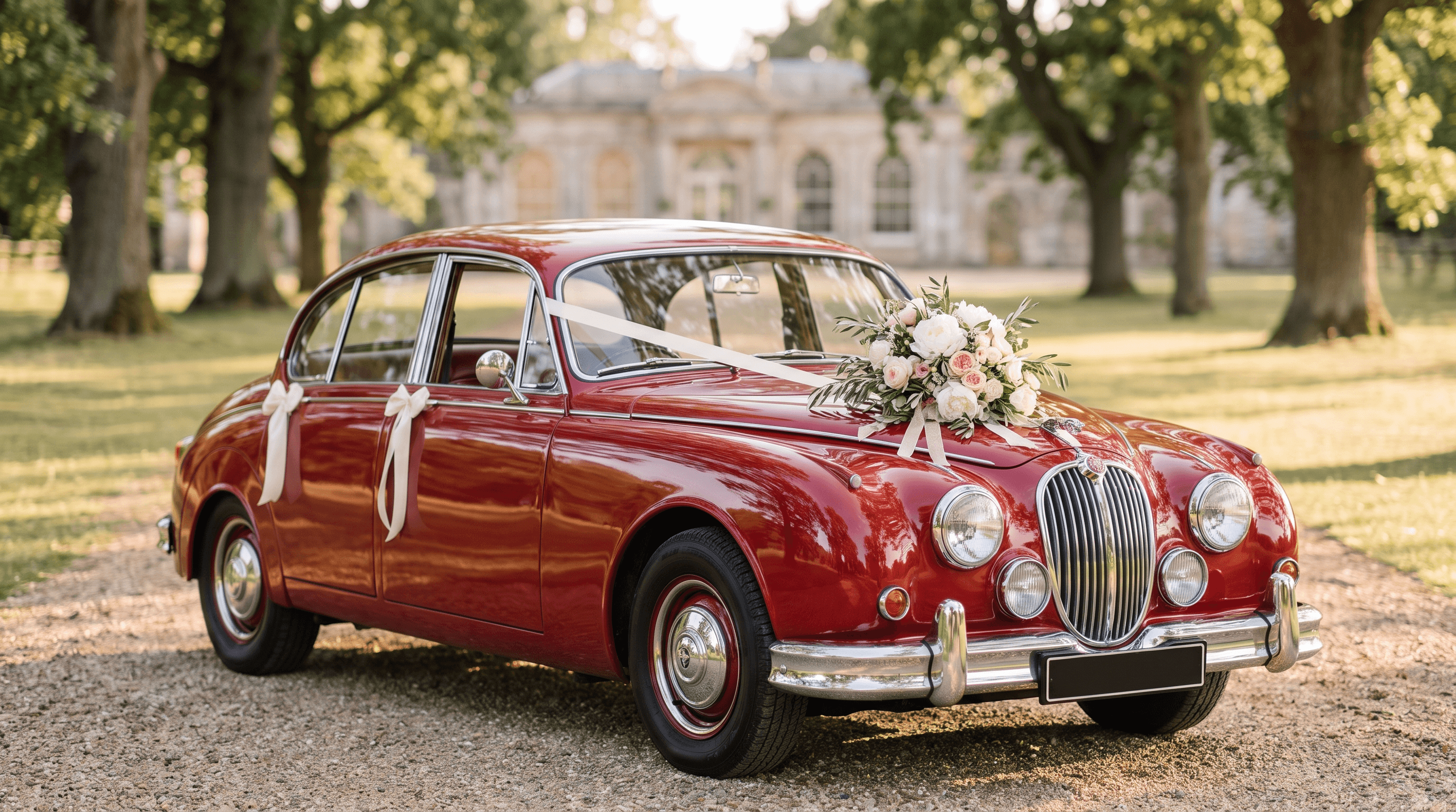 Czerwony Jaguar Mark 2 z chromowanymi detalami, zaparkowany na żwirowej alei w parku, ślubne wstążki na klamkach, złote popołudniowe światło