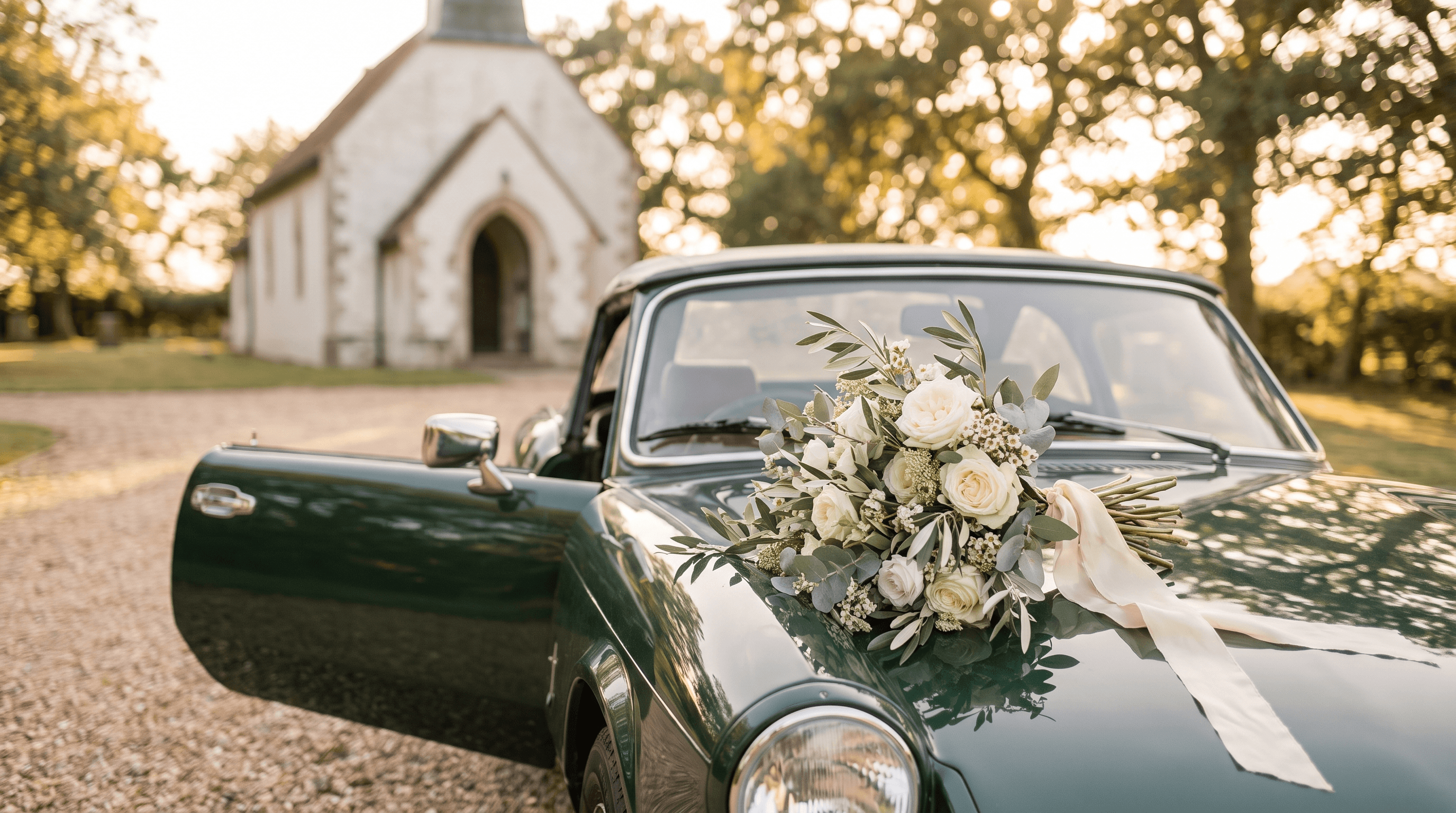 Zielony Triumph Spitfire cabrio z bukietem ślubnym na masce, zaparkowany przed wiejskim kościołem w letnim słońcu